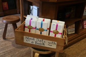 Books wrapped for a "blind date with a book."