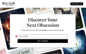 Screenshot of the Ravish home page with an email form to sign up for free and discounted romance ebooks overlaid on top of a banner of romance book covers