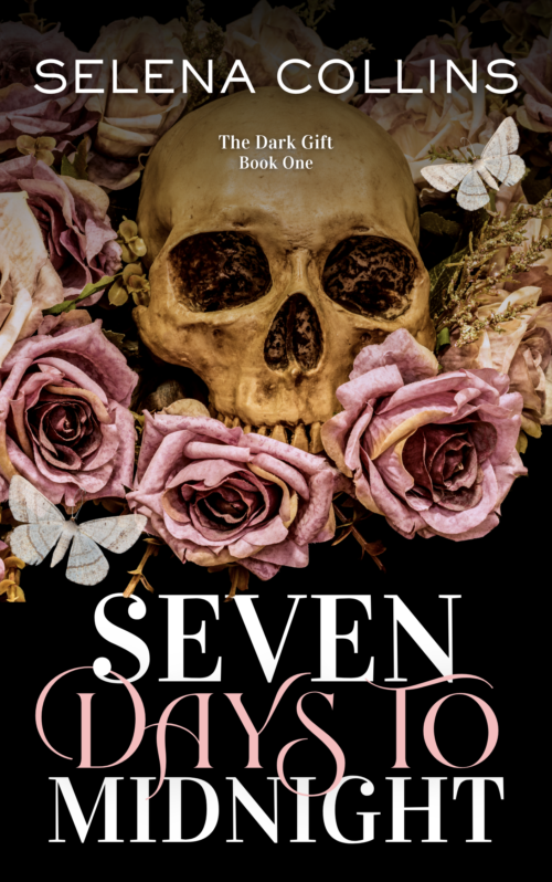 Book cover for Seven Days to Midnight showing a skull surrounded by pink roses and moths with the author name Selena Collins and text Seven Days to Midnight